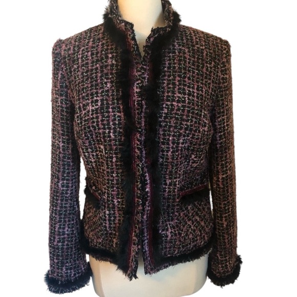 DS Essentials Pink, Multi-Color tweed Blazer w/black fur & velvet trim Size 10 - Picture 1 of 13